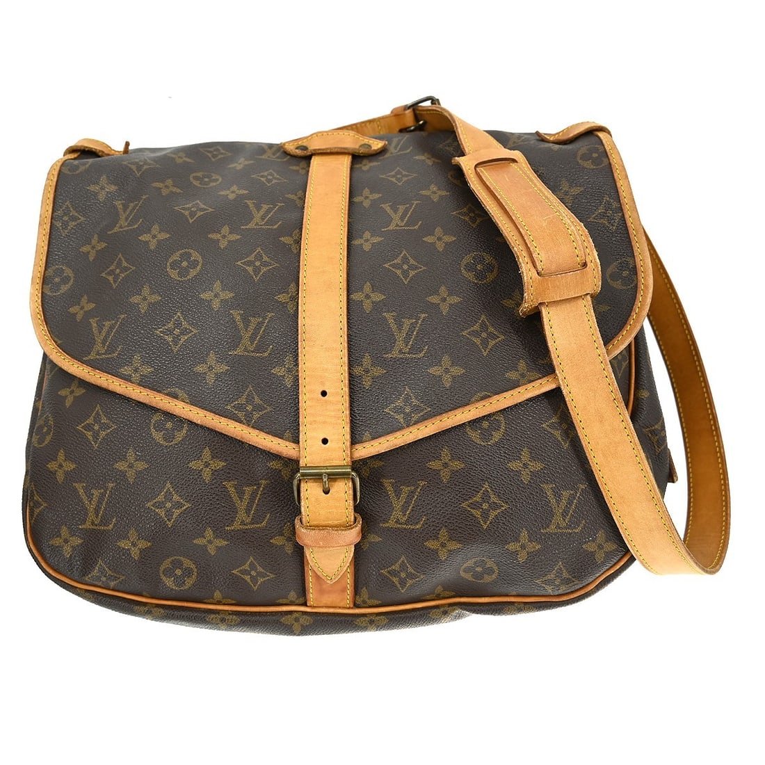 Louis Vuitton Saumur 35 Monogram Crossbody Shoulder Bag M42254: Louis Vuitton Saumur 35 Monogram Crossbody Shoulder Bag M42254 Vintage Louis Vuitton Saumur 35 shoulder bag in brown Monogram canvas with leather trim and a crossbody strap. This unisex bag features a