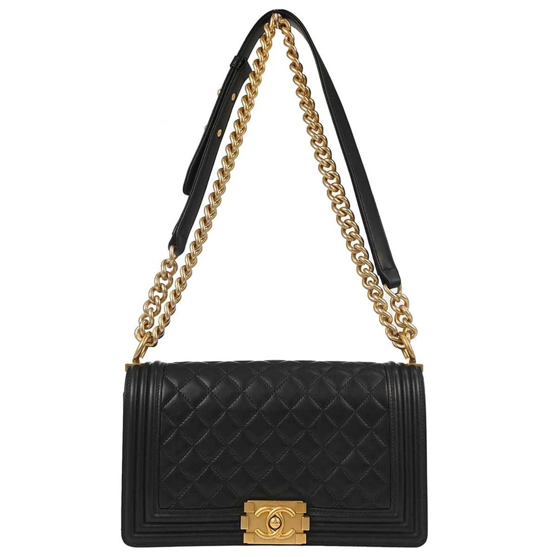CHANEL Boy Medium Black Lambskin Shoulder Bag Single Chain: CHANEL Boy Medium Black Lambskin Shoulder Bag Single Chain Vintage Chanel Boy medium shoulder bag in black lambskin with a push-lock closure and quilted lock accents. This women's shoulder bag feature