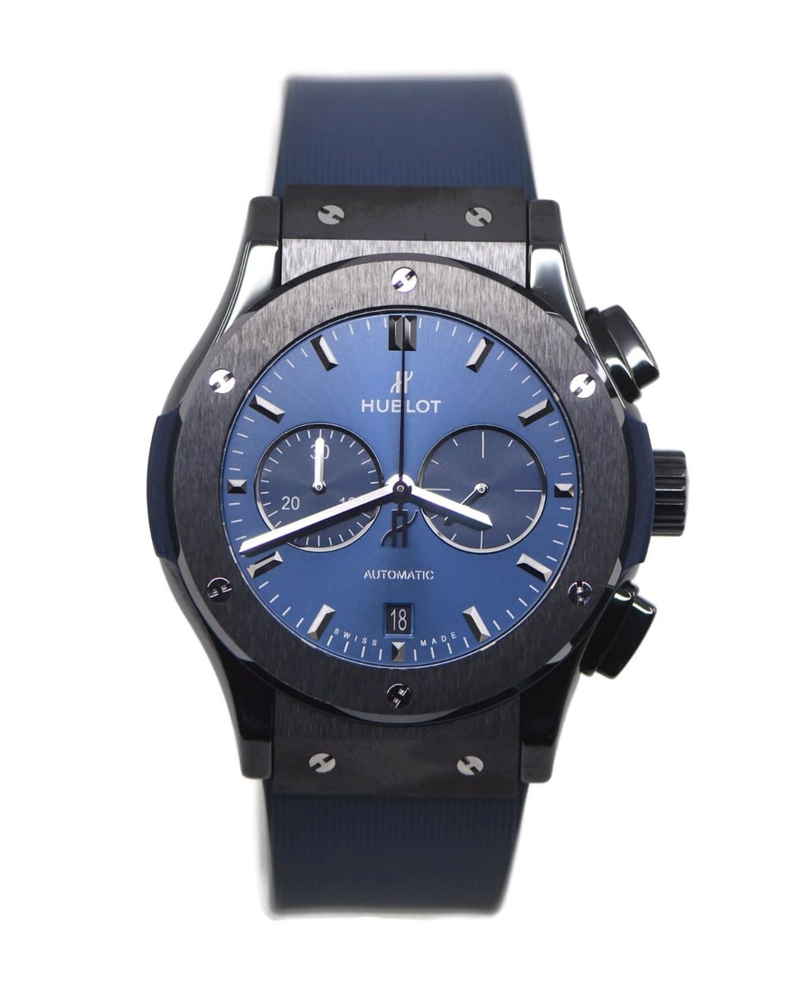 Hublot Classic Fusion Chronograph Ceramic Watch 42mm Blue Rubber Band: Hublot Classic Fusion Chronograph Ceramic Watch 42mm Blue Rubber Band This Hublot Classic Fusion Chronograph Ceramic Watch features a stylish blue rubber band and a striking blue dial, embodying a cla