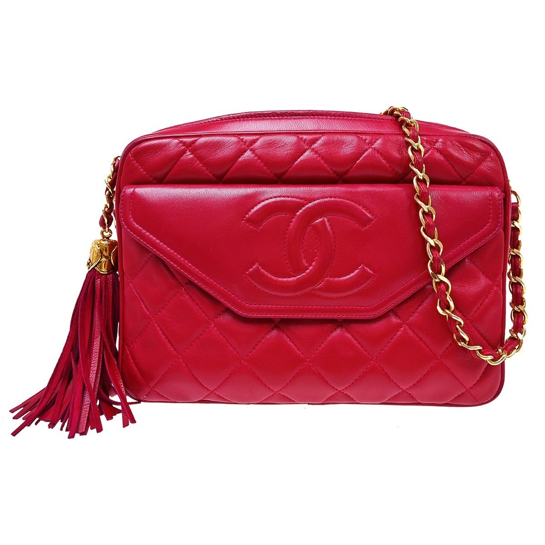 CHANEL Mademoiselle Red Lambskin Camera Shoulder Bag with Fringe (1 of 10)