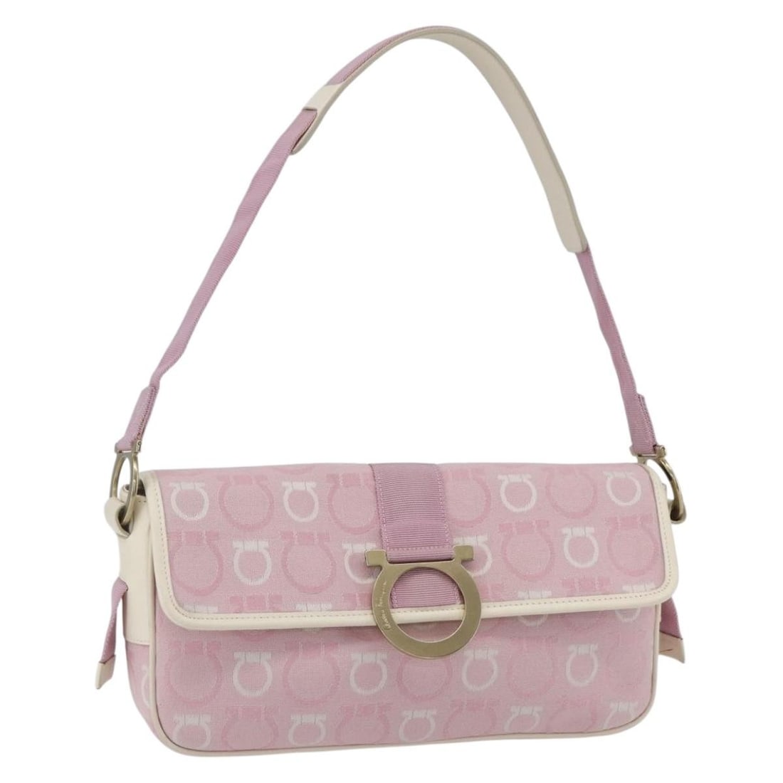 Salvatore Ferragamo Gancini Canvas Shoulder Bag Pink Gold Tone: Salvatore Ferragamo Gancini Canvas Shoulder Bag Pink Gold Tone Salvatore Ferragamo Gancini shoulder bag in pink and gold canvas, made in Italy. This women's bag includes a dust bag and shows reasonabl