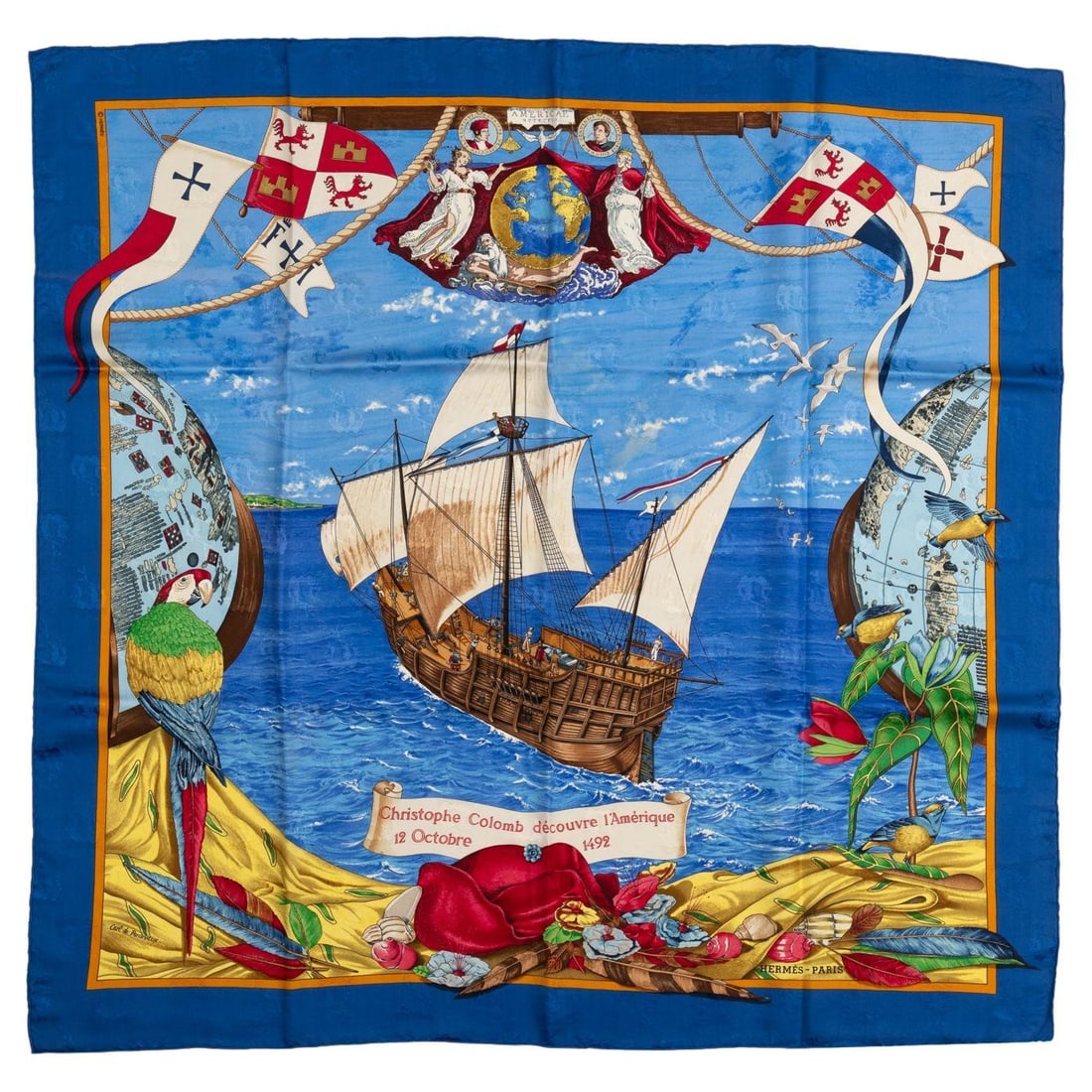 Hermes Colombe Ship Blue Red Silk Scarf 35 in France: Hermes Colombe Ship Blue Red Silk Scarf 35 in France Introducing the exquisite Hermes Colombe Ship Silk Scarf, beautifully designed in a striking blue and red color palette. This luxurious scarf featu