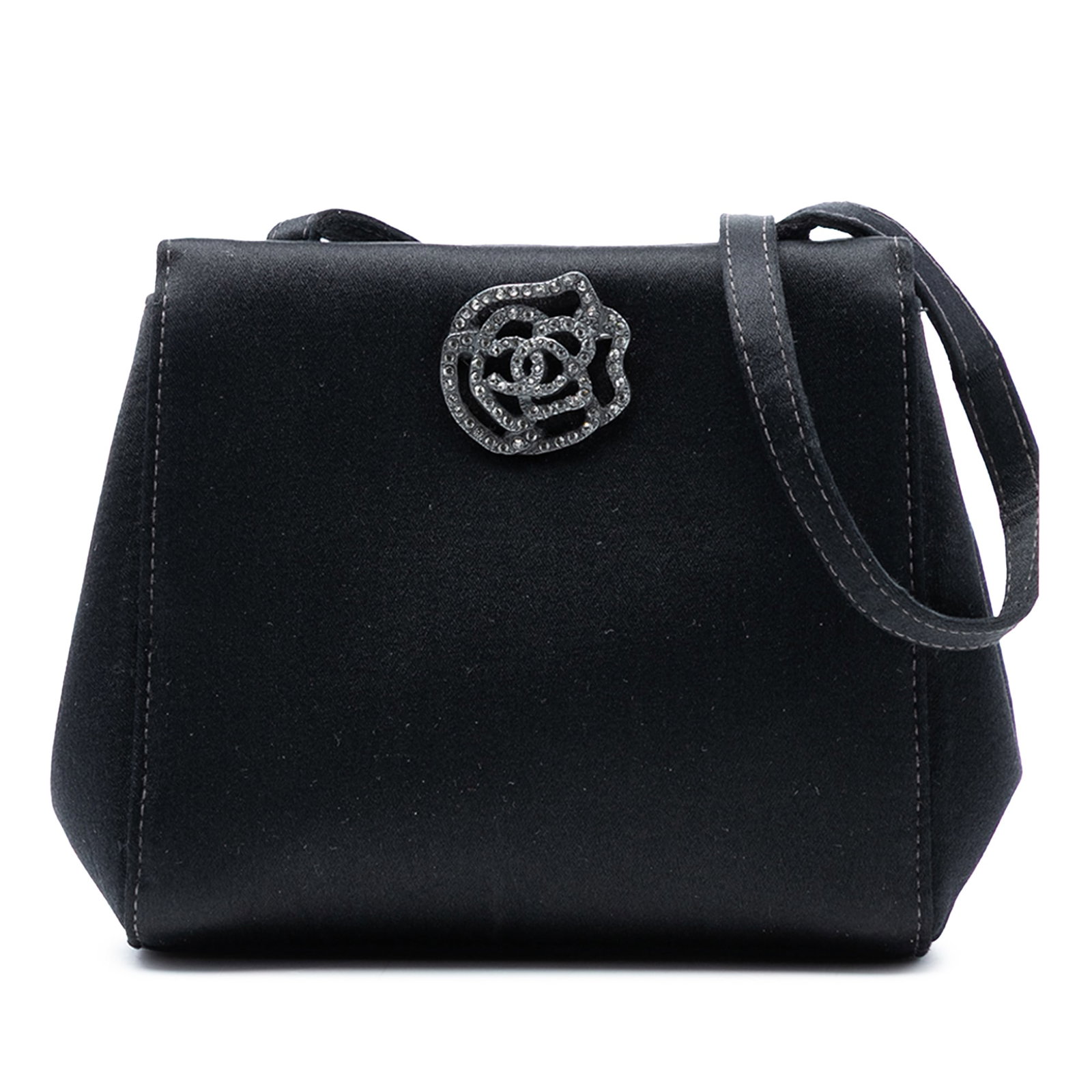 Black Satin Handbag with Camellia Accent by Chanel (1 of 8)