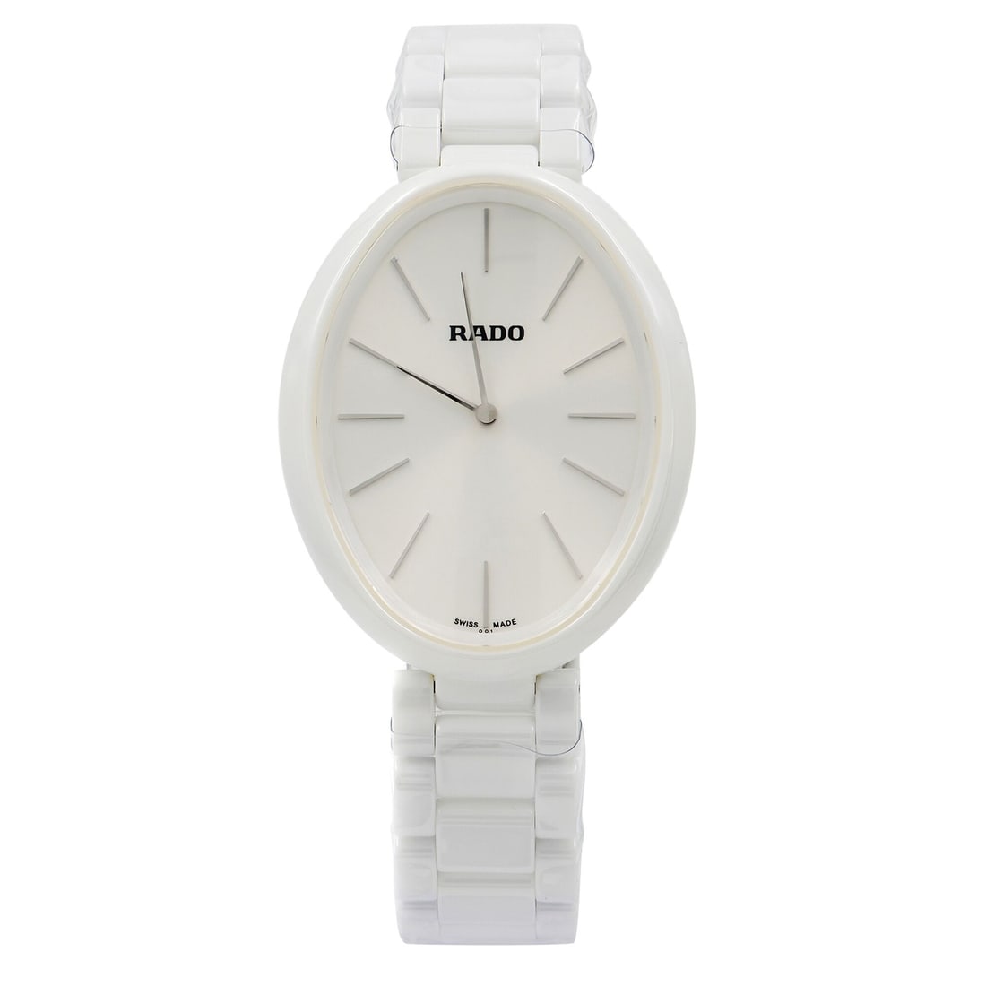 Ladies Esenza Quartz White Ceramic Wristwatch R53092012 with Box and Papers: Ladies Esenza Quartz White Ceramic Wristwatch R53092012 with Box and Papers This Rado Esenza ladies' wristwatch features a white ceramic case and bracelet, complemented by a white analog dial with sti