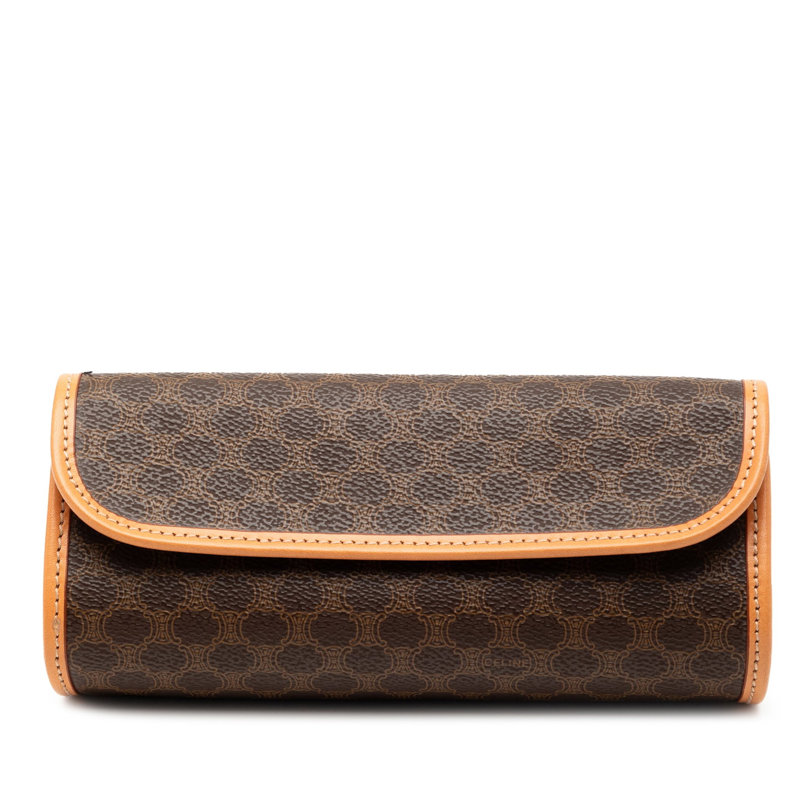 Macadam Pattern Coated Canvas Clutch Bag with Leather Trim by Celine: Macadam Pattern Coated Canvas Clutch Bag with Leather Trim by Celine This Celine Macadam clutch bag features a coated canvas body with leather trim, a front flap with magnetic snap closure, and an int