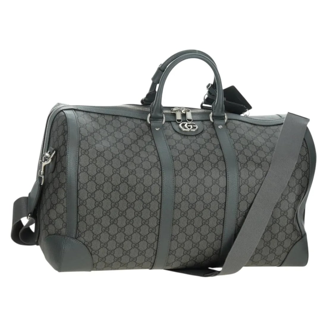 Gucci Web Trim PVC Weekend Duffle Bag Gray: Gucci Web Trim PVC Weekend Duffle Bag Gray This Gucci Web Trim Weekend Duffle Bag is crafted from durable gray PVC and features the iconic GG coated canvas design. Designed for unisex use, this bag of
