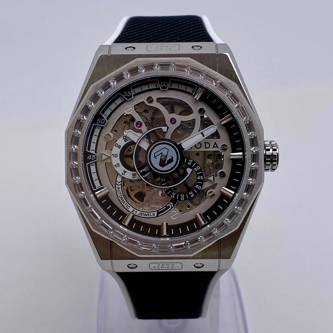 Noda Aero Series-1 Automatic Skeleton Dial 43mm Stainless Steel Wristwatch: Noda Aero Series-1 Automatic Skeleton Dial 43mm Stainless Steel Wristwatch This Noda Aero Series-1 automatic wristwatch features a 43 mm brushed stainless steel octagonal case with an exhibition caseb