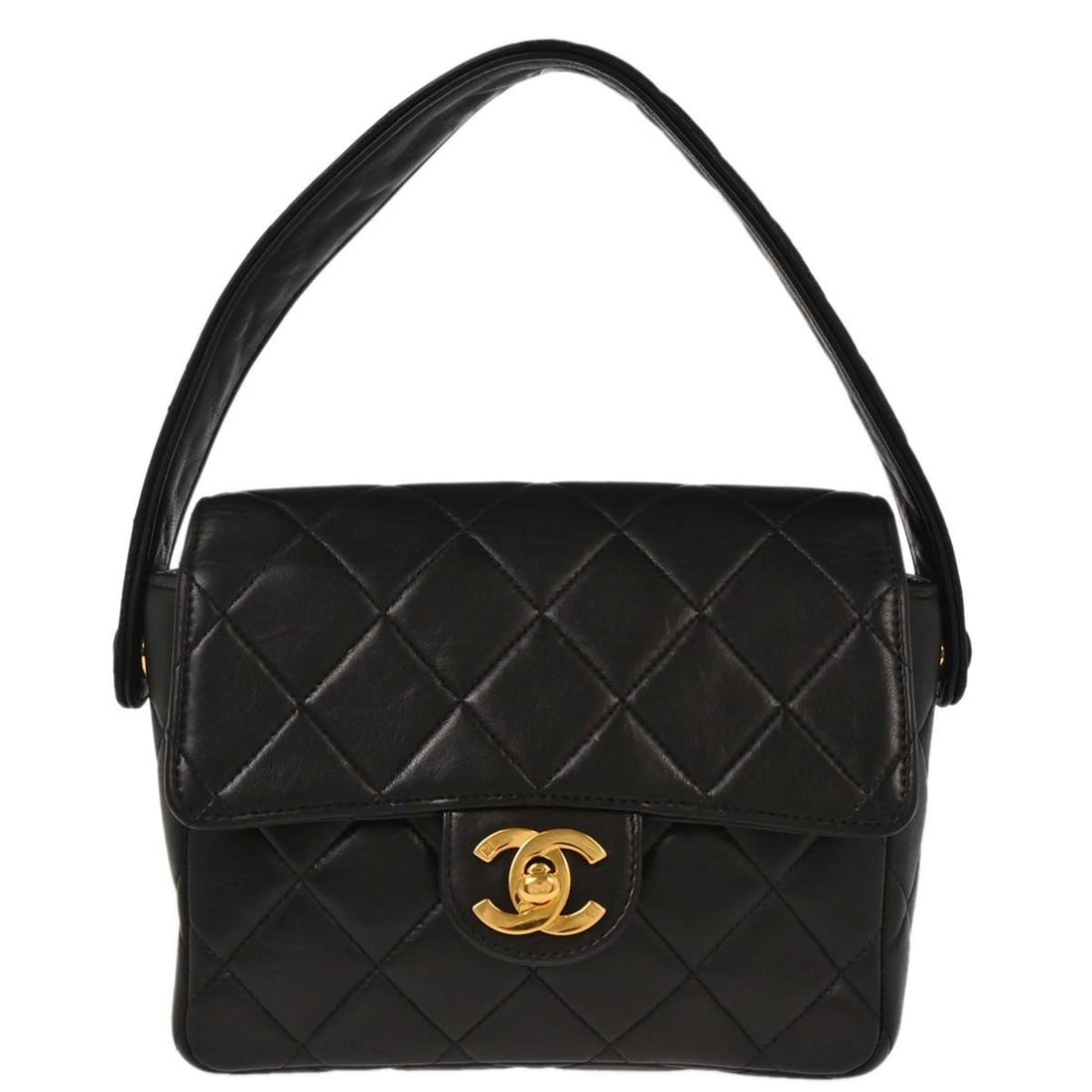 CHANEL small black lambskin top handle bag turn lock: CHANEL small black lambskin top handle bag turn lock Small Chanel top handle handbag in black lambskin leather with a turn-lock closure and black leather lining. Made in France, this women's bag featu