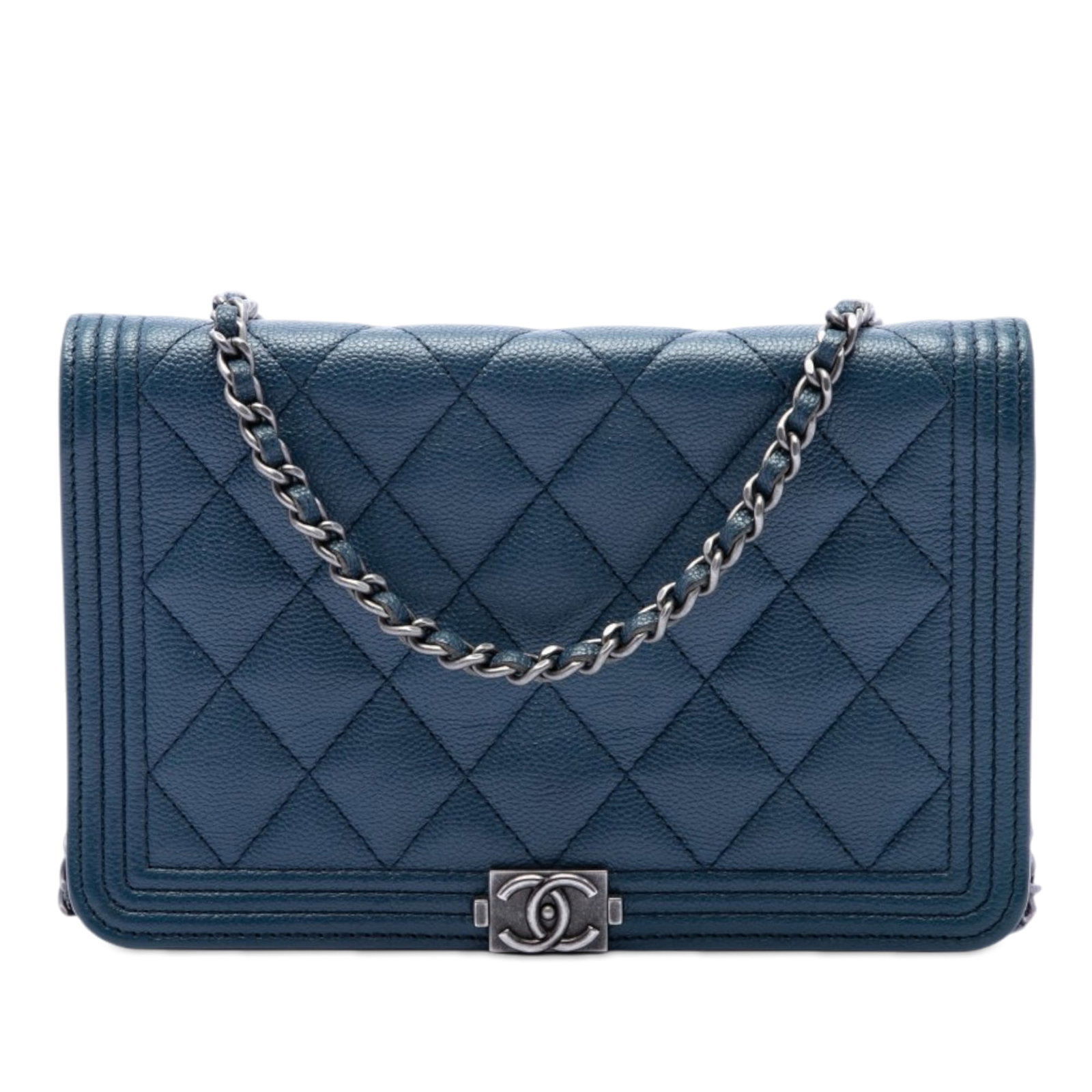 Chanel Boy Wallet on Chain Blue Quilted Caviar Leather: Chanel Boy Wallet on Chain Blue Quilted Caviar Leather A Chanel Boy wallet on chain crafted in blue quilted caviar leather. This bag features a leather-woven chain strap, a front flap with push-lock c