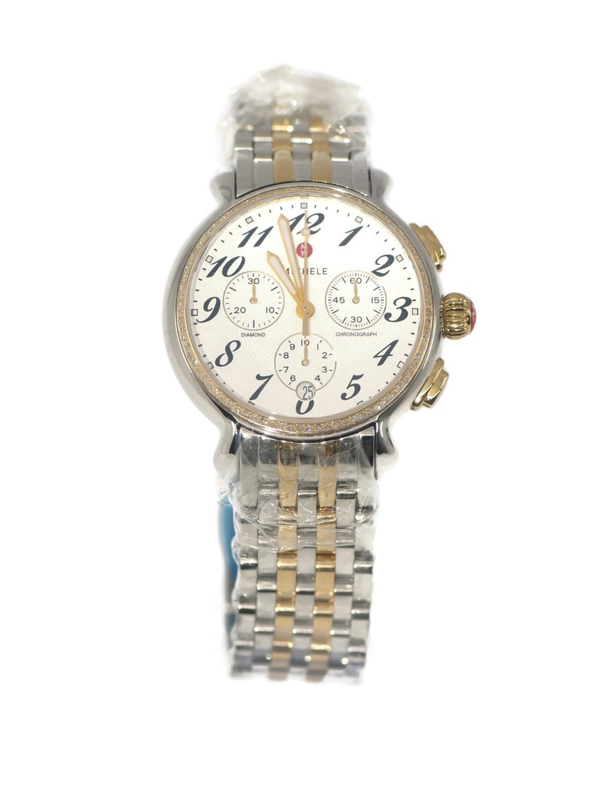 Michele Fluette Diamond Bezel Two Tone Stainless Steel Watch Ref MW24A01C5966 with Box and Papers: Michele Fluette Diamond Bezel Two Tone Stainless Steel Watch Ref MW24A01C5966 with Box and Papers This stunning Michele Fluette watch showcases a blend of elegance and sophistication. Featuring a 38mm