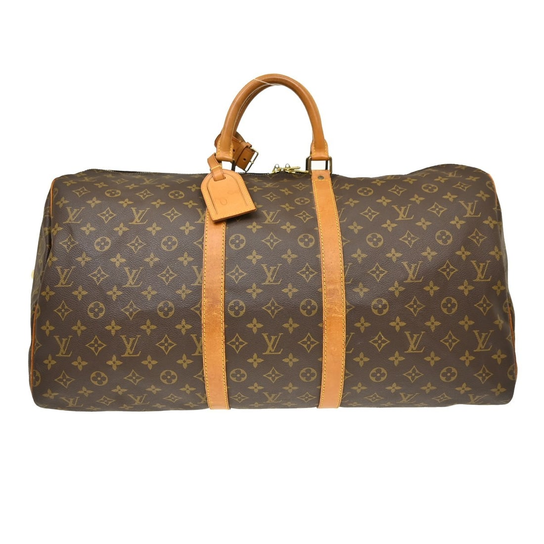 Louis Vuitton Keepall 55 Monogram Canvas Duffle Bag M41424: Louis Vuitton Keepall 55 Monogram Canvas Duffle Bag M41424 Vintage Louis Vuitton Keepall 55 travel handbag in Monogram canvas with leather trim and double handles. This extra-large duffle-style bag fe
