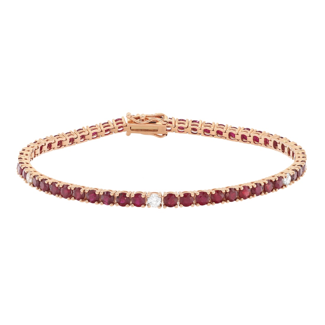 Rachel Koen 14K Yellow Gold Ruby Diamond Tennis Bracelet 7.06 ctw: Rachel Koen 14K Yellow Gold Ruby Diamond Tennis Bracelet 7.06 ctw This stunning tennis bracelet by Rachel Koen is crafted from 14K yellow gold and features a beautiful combination of round cut red rub