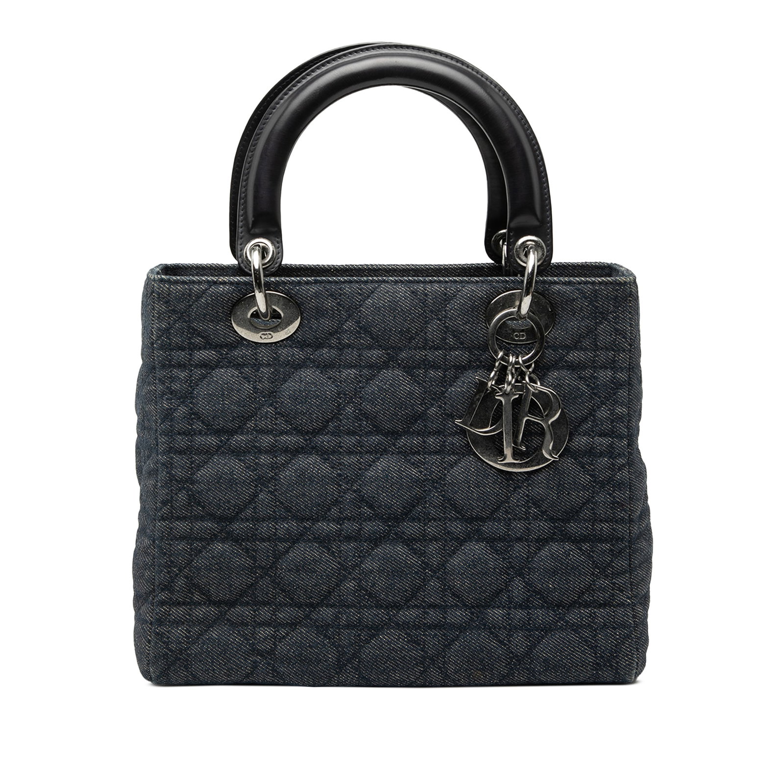 Dior Lady Dior Medium Satchel Quilted Blue Denim with Leather Handles: Dior Lady Dior Medium Satchel Quilted Blue Denim with Leather Handles This Lady Dior satchel features a quilted denim body with flat leather top handles, a top zip closure, and an interior zip pocket.