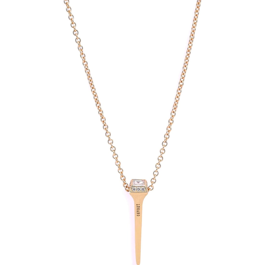 LUGANO 18k Rose Gold Diamond Kite Nail Pendant Necklace 0.28 ctw: LUGANO 18k Rose Gold Diamond Kite Nail Pendant Necklace 0.28 ctw This Lugano Kite Nail pendant necklace is crafted from 18k rose gold and features a combination of princess and round brilliant cut nat