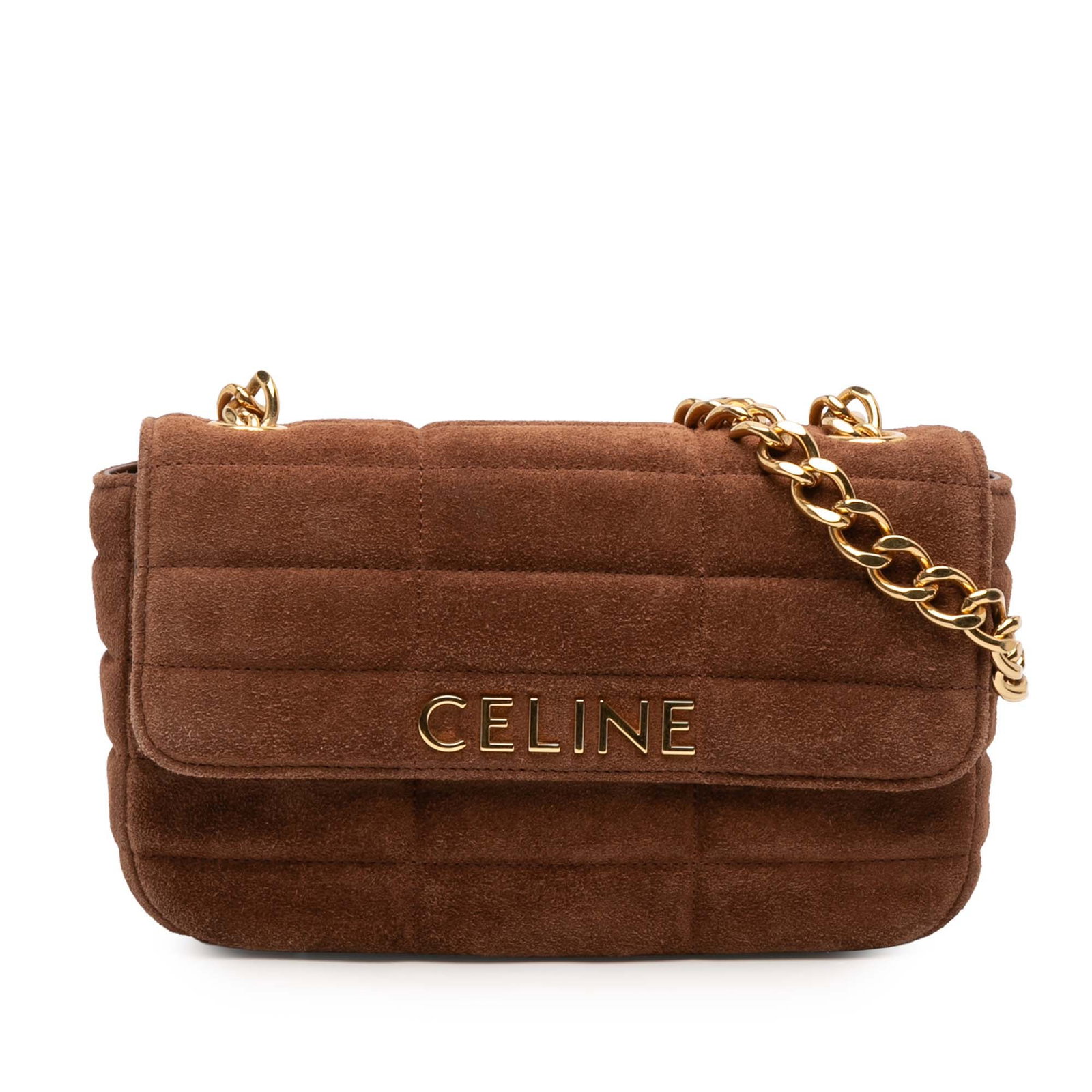 Suede Leather Monochrome Shoulder Bag by Celine with Chain Strap: Suede Leather Monochrome Shoulder Bag by Celine with Chain Strap This Celine Suede Monochrome Shoulder Bag features a brown suede leather body with gold-tone hardware and a chain link shoulder strap. 