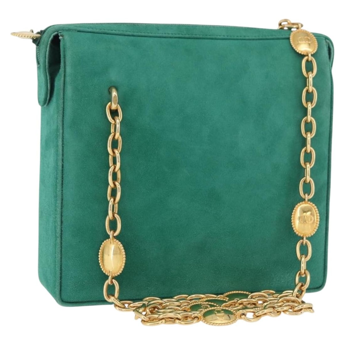 Christian Dior green suede shoulder bag with chain strap: Christian Dior green suede shoulder bag with chain strap This Christian Dior shoulder bag is crafted from green and gold suede, offering a sophisticated and elegant look. Made in France, it features a