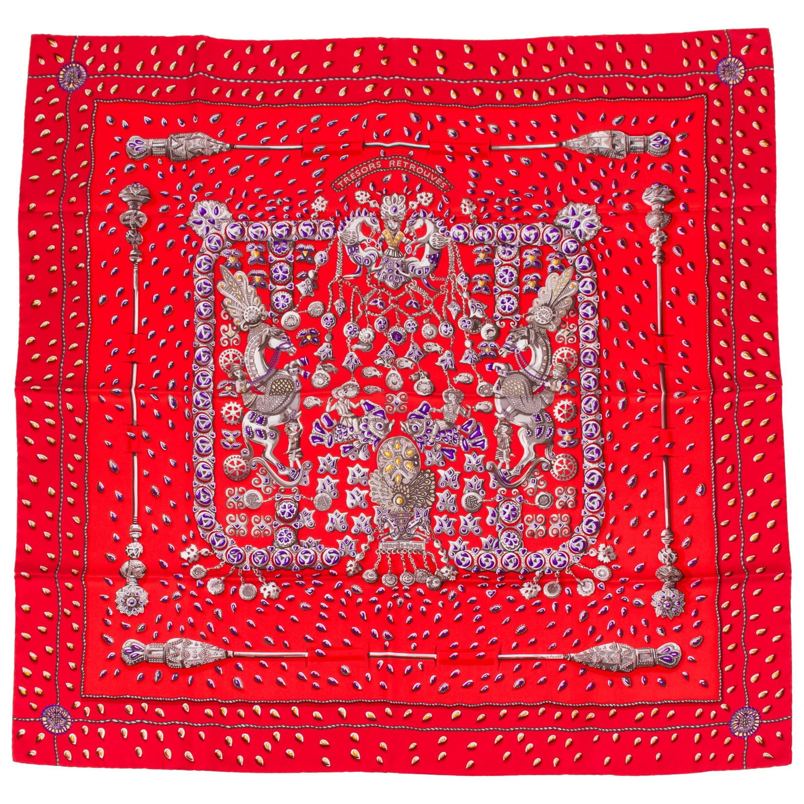 Hermes Tresors Retrouves Silk Scarf by Annie Faivre with Box: Hermes Tresors Retrouves Silk Scarf by Annie Faivre with Box This Hermes Tresors Retrouves scarf is crafted from luxurious silk twill and features a vibrant red design by artist Annie Faivre. The scar