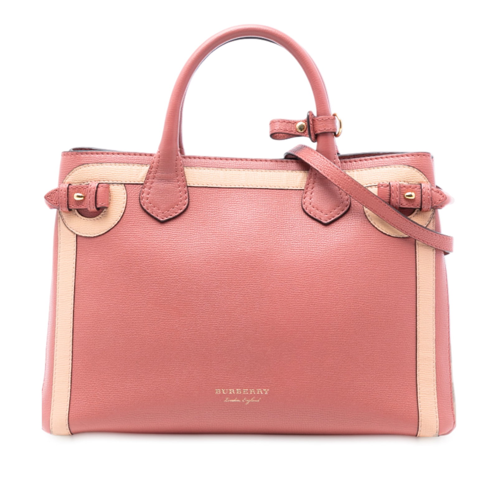 Medium Banner Satchel in Pink Bicolor Leather with House Check Panels: Medium Banner Satchel in Pink Bicolor Leather with House Check Panels This Burberry medium satchel features a bicolor leather body with house check side panels, rolled leather handles, and a detachabl