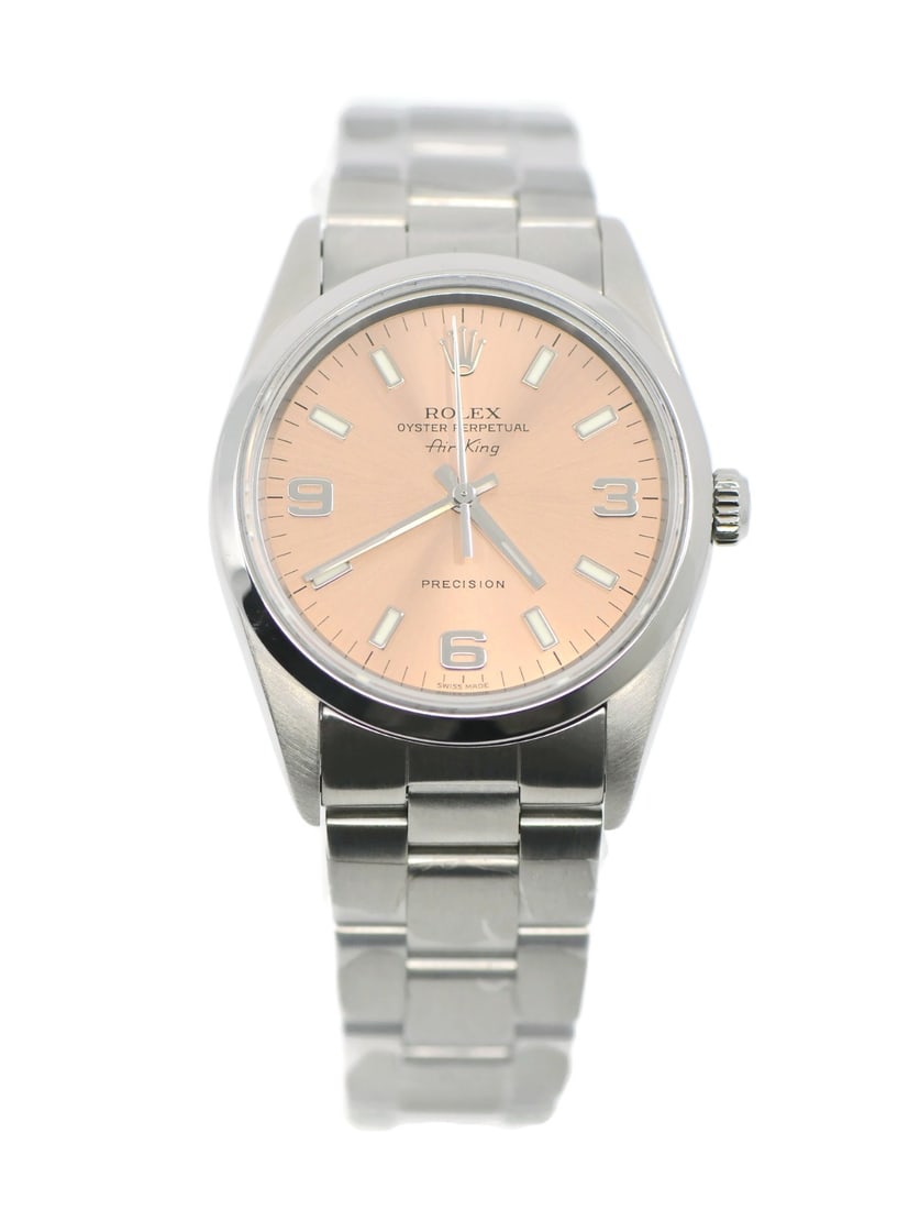 Rolex Air-King 14000M men's stainless steel wristwatch 34 mm: Rolex Air-King 14000M men's stainless steel wristwatch 34 mm Pre-owned Rolex Air-King reference 14000M wristwatch with a polished stainless steel case and matching stainless steel band. This men's aut