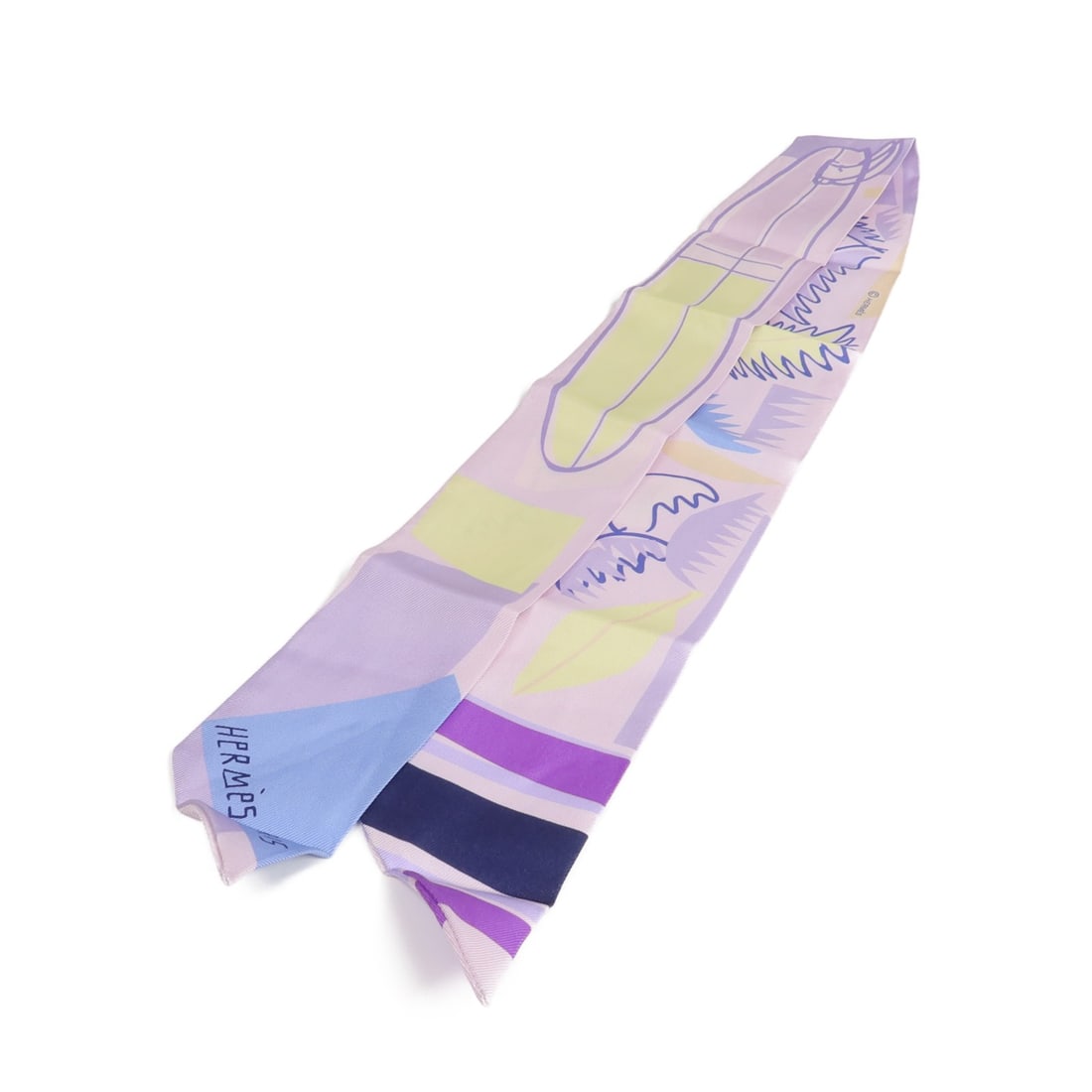 Hermes Silk Twilly Scarf in Multicolor Pastel Tones: Hermes Silk Twilly Scarf in Multicolor Pastel Tones This Hermes Twilly scarf is crafted from silk in a light purple, blue, light yellow, and multicolor design. Designed for women, it showcases the bra