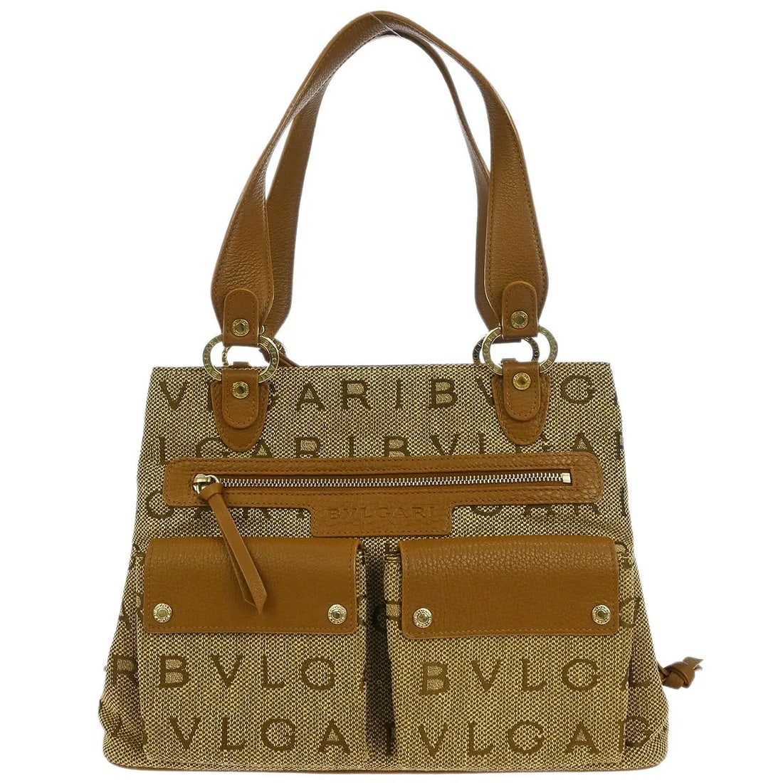 Bvlgari Logomania Brown Canvas Handbag Made in Italy: Bvlgari Logomania Brown Canvas Handbag Made in Italy This Bvlgari Logomania handbag is crafted from brown canvas, designed for women. It features a spacious interior suitable for everyday use and is m