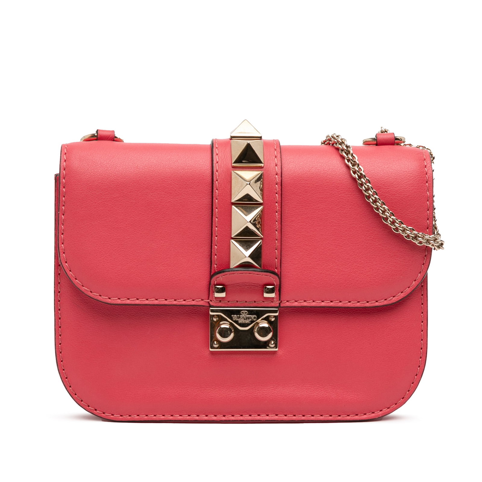 Pink Valentino Small Rockstud Leather Glam Lock Chain Shoulder Bag: Pink Valentino Small Rockstud Leather Glam Lock Chain Shoulder Bag This Valentino Small Rockstud Glam Lock crossbody bag features a pink leather body, a stylish chain strap, and a front flap with a pu