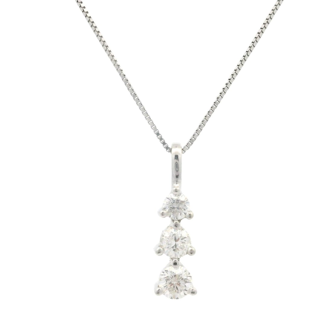14k White Gold Diamond Journey Pendant with 18" Box Chain: 14k White Gold Diamond Journey Pendant with 18" Box Chain This exquisite 14k White Gold Drop Journey Pendant features three graduated natural diamonds, each round brilliant cut and prong set. With a t