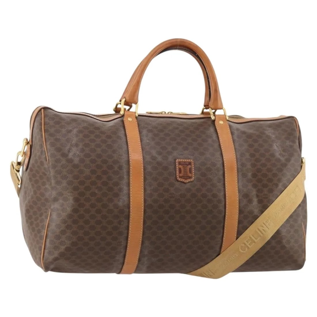 Celine Vintage Duffle Unisex Brown Canvas Bag: Celine Vintage Duffle Unisex Brown Canvas Bag Vintage Celine duffle bag in brown canvas with leather trim. This unisex piece is made in France and shows overall good pre-owned condition with visible s