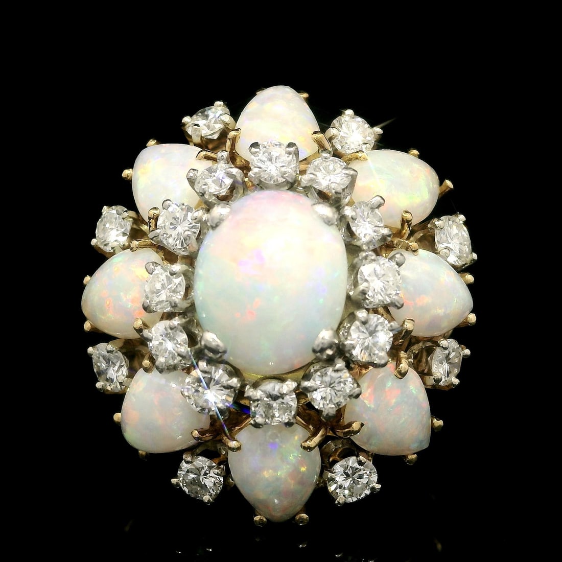 Vintage 18k Yellow Gold Opal Diamond Bombe Cocktail Ring 1.40ctw: Vintage 18k Yellow Gold Opal Diamond Bombe Cocktail Ring 1.40ctw This exquisite vintage bombe cocktail ring showcases a stunning combination of 18k yellow gold, opal, and diamonds, making it a perfect