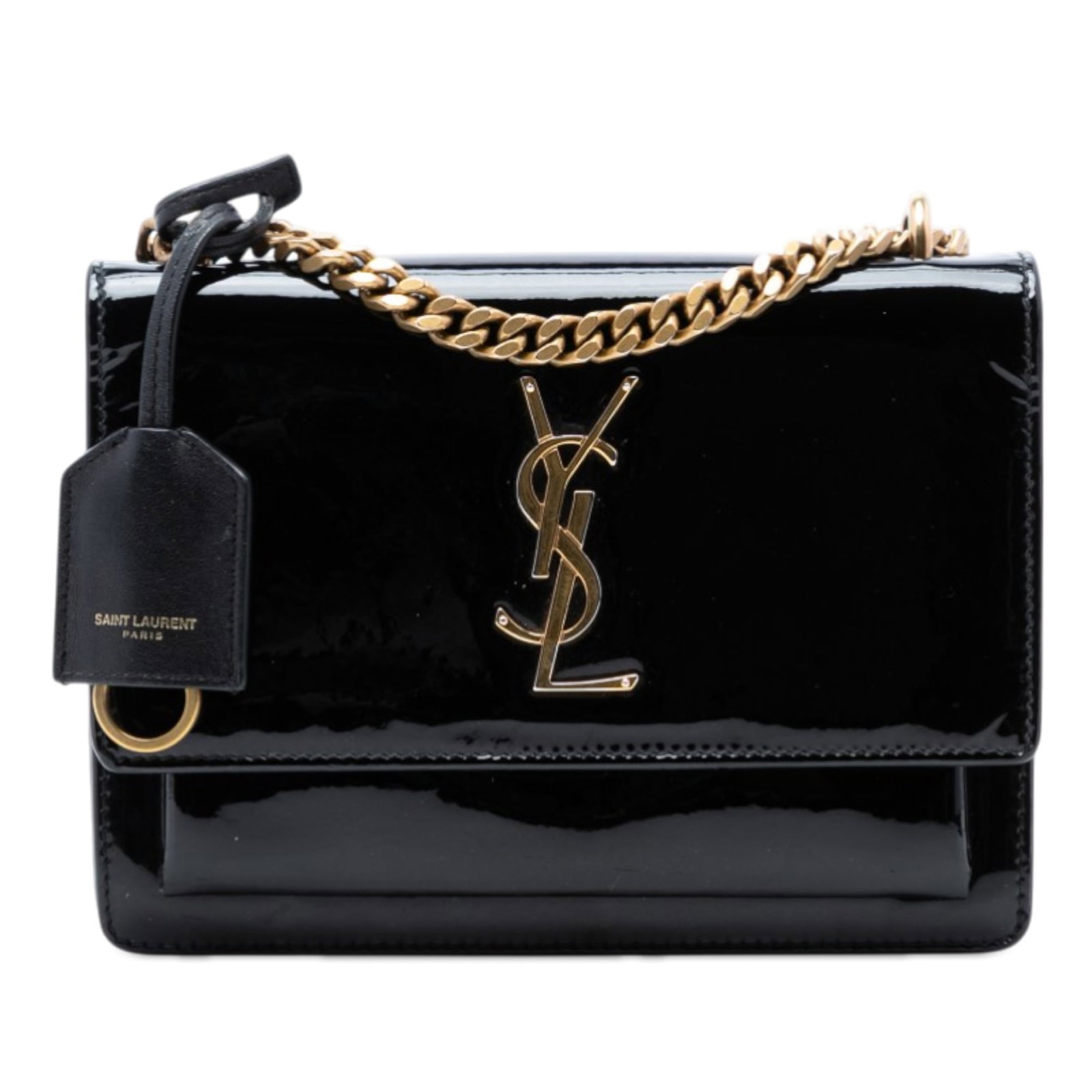 Saint Laurent Sunset black patent leather crossbody bag: Saint Laurent Sunset black patent leather crossbody bag This Saint Laurent Small Patent Monogram Sunset Crossbody features a sleek black patent leather body with a chain link strap and leather guard. 