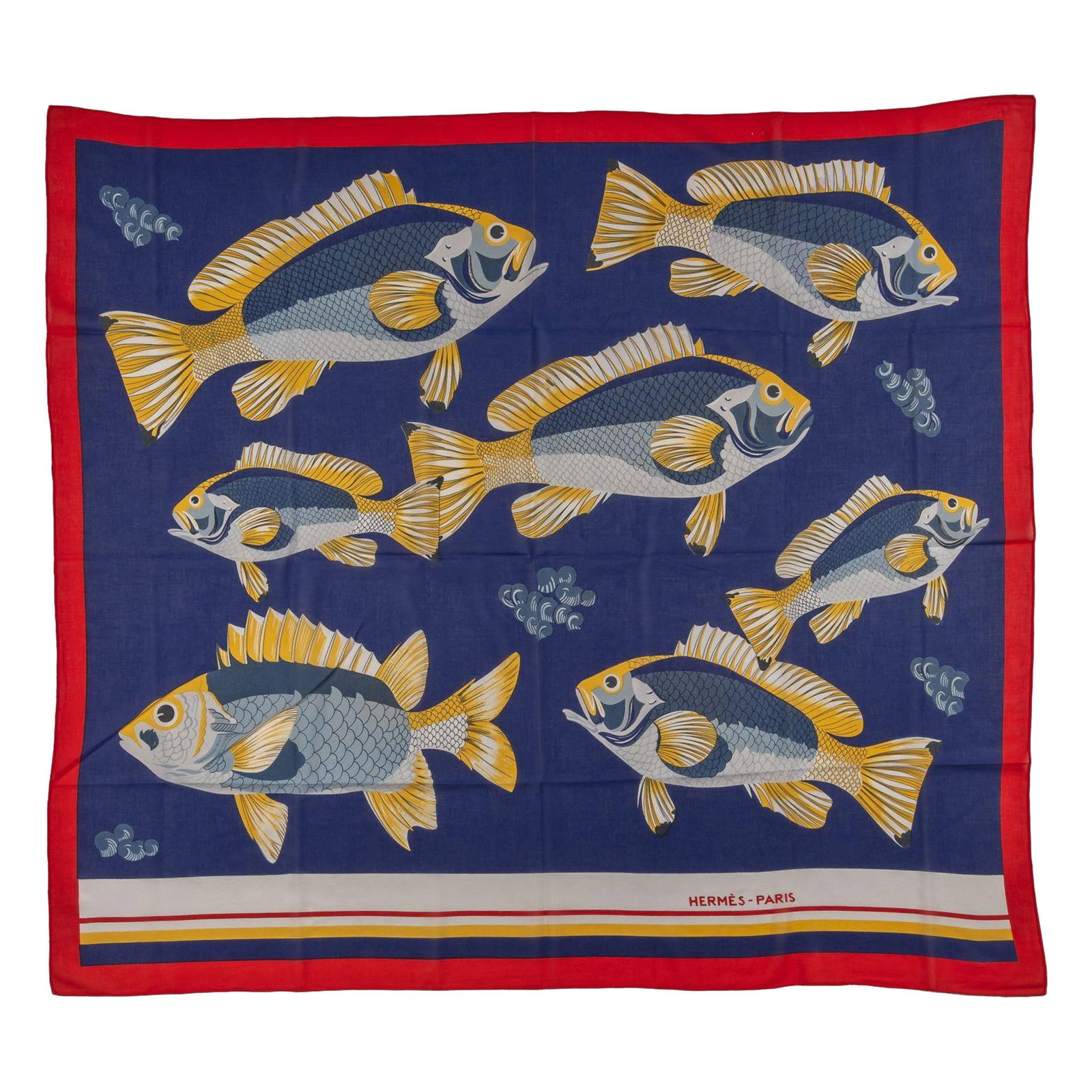 Hermes Navy Fish Design Cotton Sarong 54" Square Vintage: Hermes Navy Fish Design Cotton Sarong 54" Square Vintage Elevate your beach or poolside look with this stunning Hermes Navy Fish Cotton Sarong. This exquisite piece features a unique fish design in a 