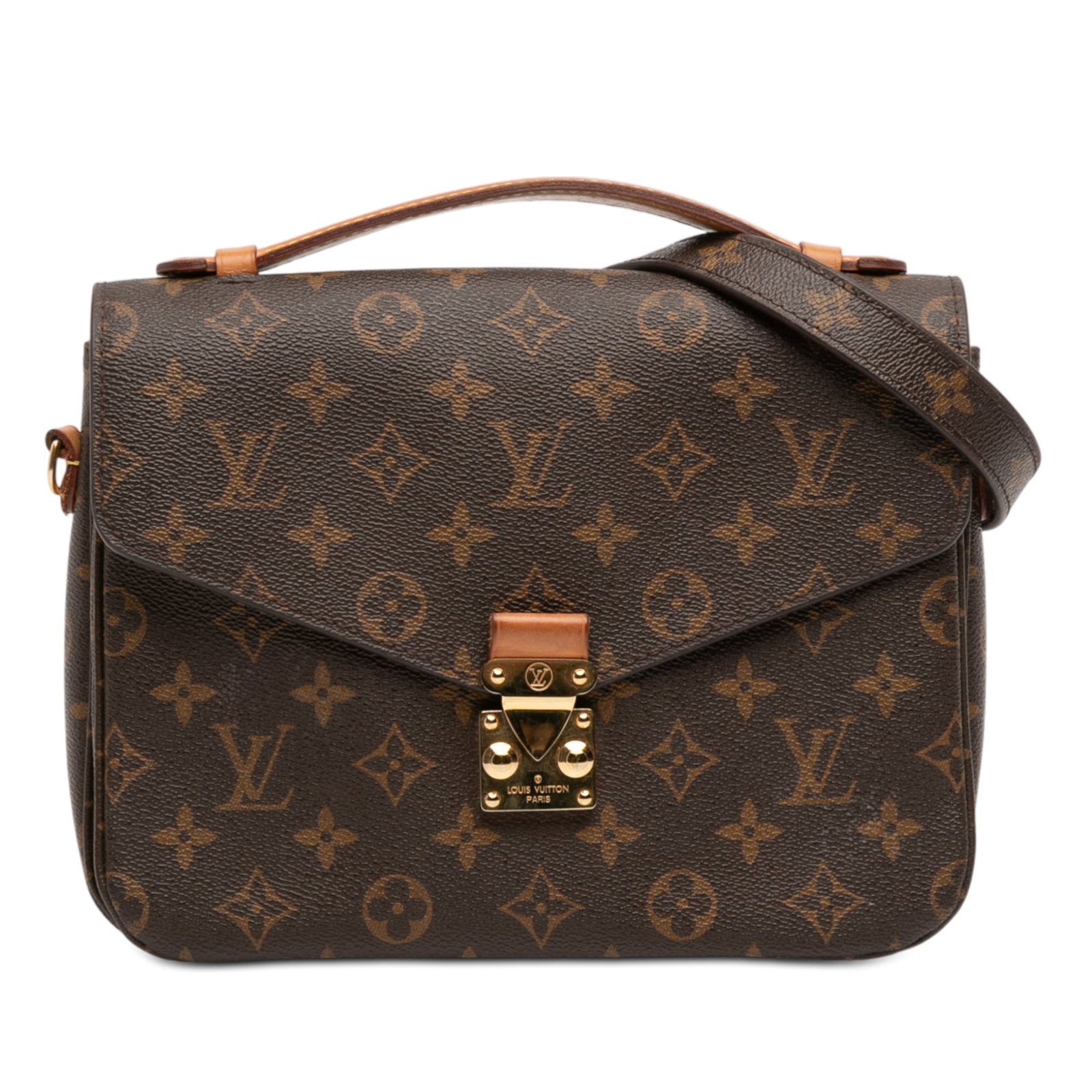 Louis Vuitton Pochette Metis Monogram Canvas Shoulder Bag with S Lock: Louis Vuitton Pochette Metis Monogram Canvas Shoulder Bag with S Lock This Louis Vuitton Monogram Pochette Metis features a monogram canvas body with a flat vachetta leather top handle and a detachabl