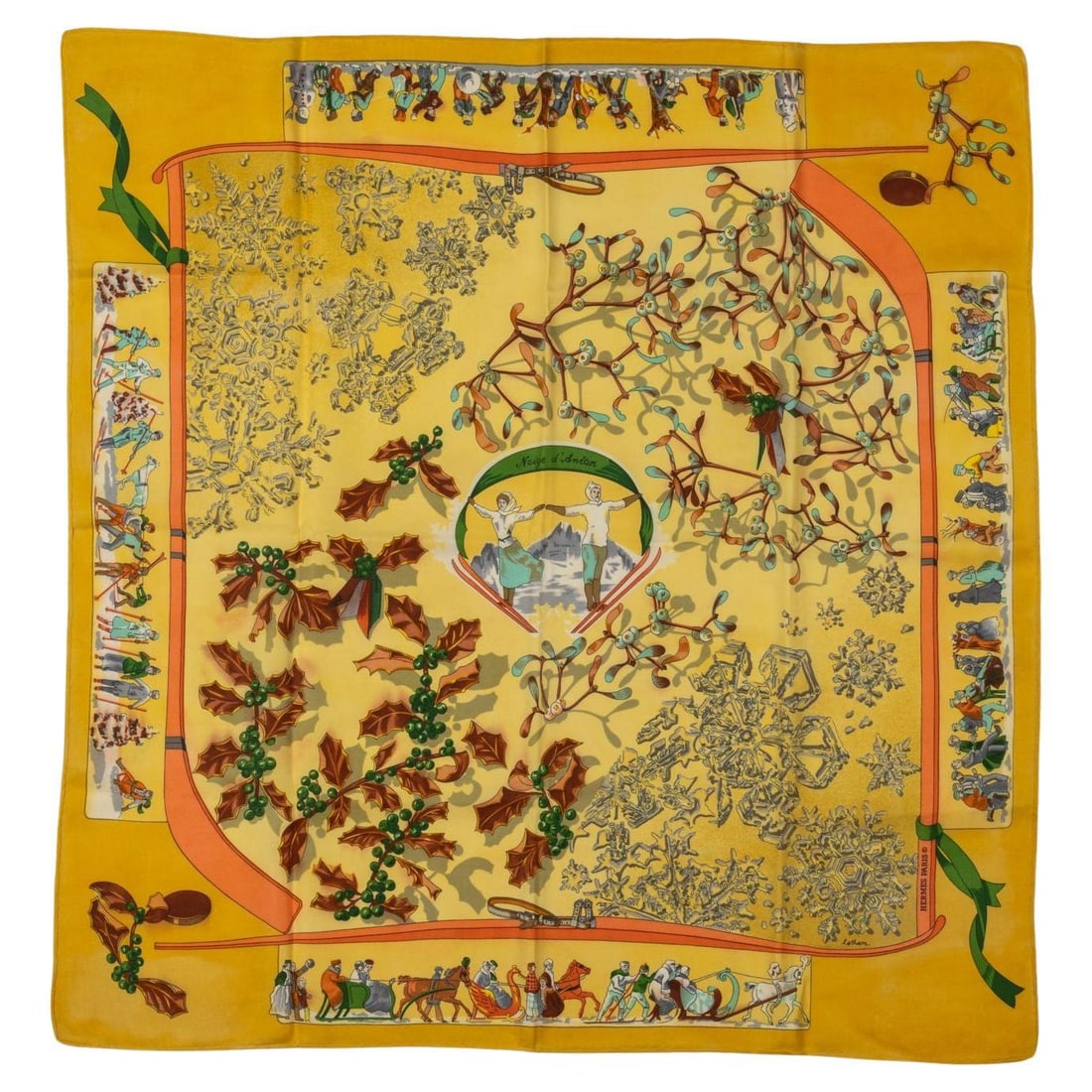Hermes Niege d'Antan Yellow Silk Scarf 35in x 35in France: Hermes Niege d'Antan Yellow Silk Scarf 35in x 35in France Introducing the exquisite Hermes "Niege d'Antan" Silk Scarf, a stunning piece that showcases a vibrant yellow and ochre color combination. Thi