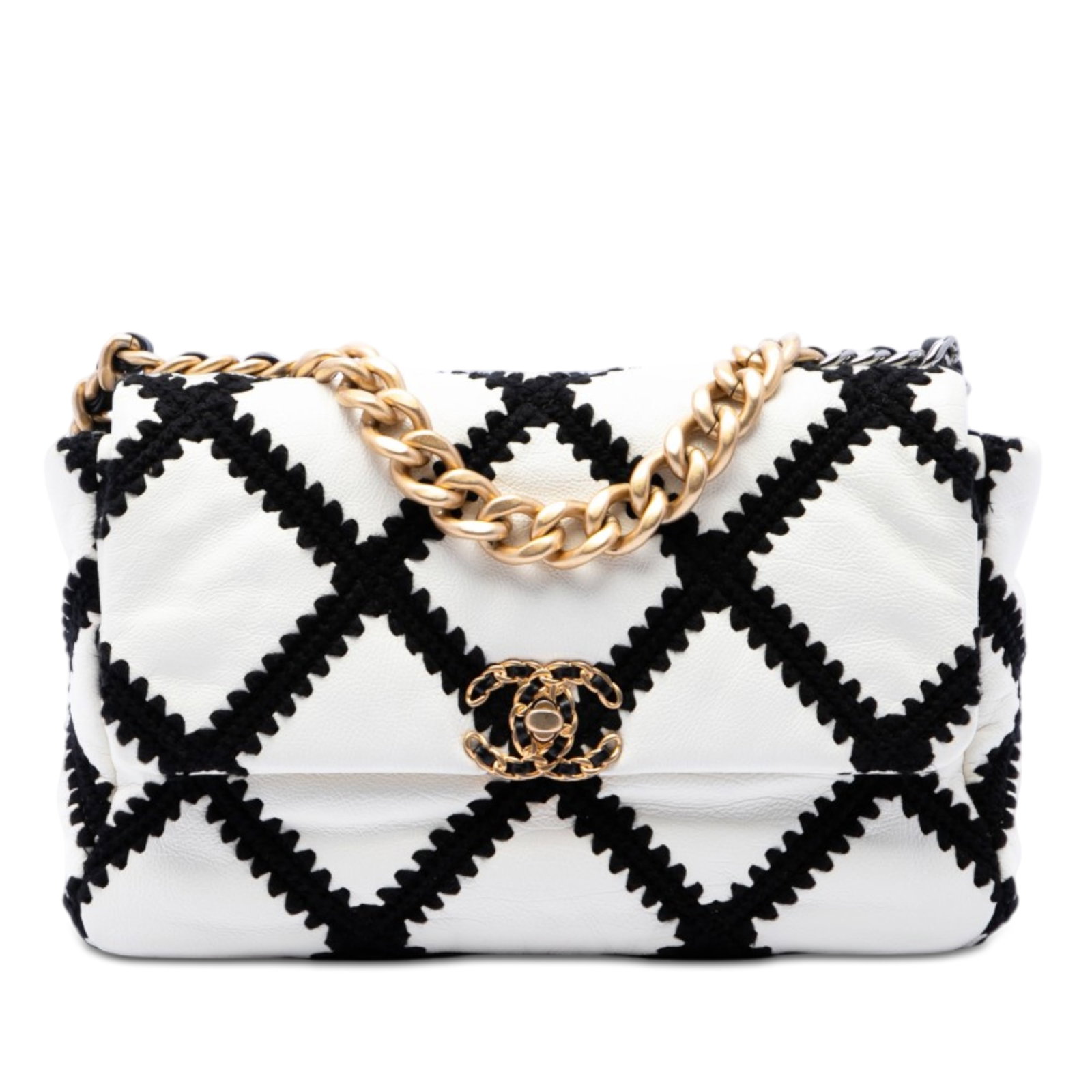 Chanel 19 Flap Crochet Calfskin White Leather Bag: Chanel 19 Flap Crochet Calfskin White Leather Bag This Chanel Large Crochet Calfskin 19 Flap bag features a quilted calf leather exterior with distinctive crochet stitching details. It is designed wit