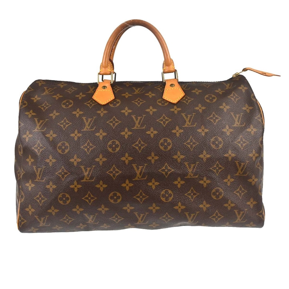 Louis Vuitton Speedy 40 Monogram Canvas Duffle Bag M41522: Louis Vuitton Speedy 40 Monogram Canvas Duffle Bag M41522 Vintage Louis Vuitton Speedy 40 duffle handbag in brown Monogram canvas with leather trim and double handles. This zip-top handbag shows reaso