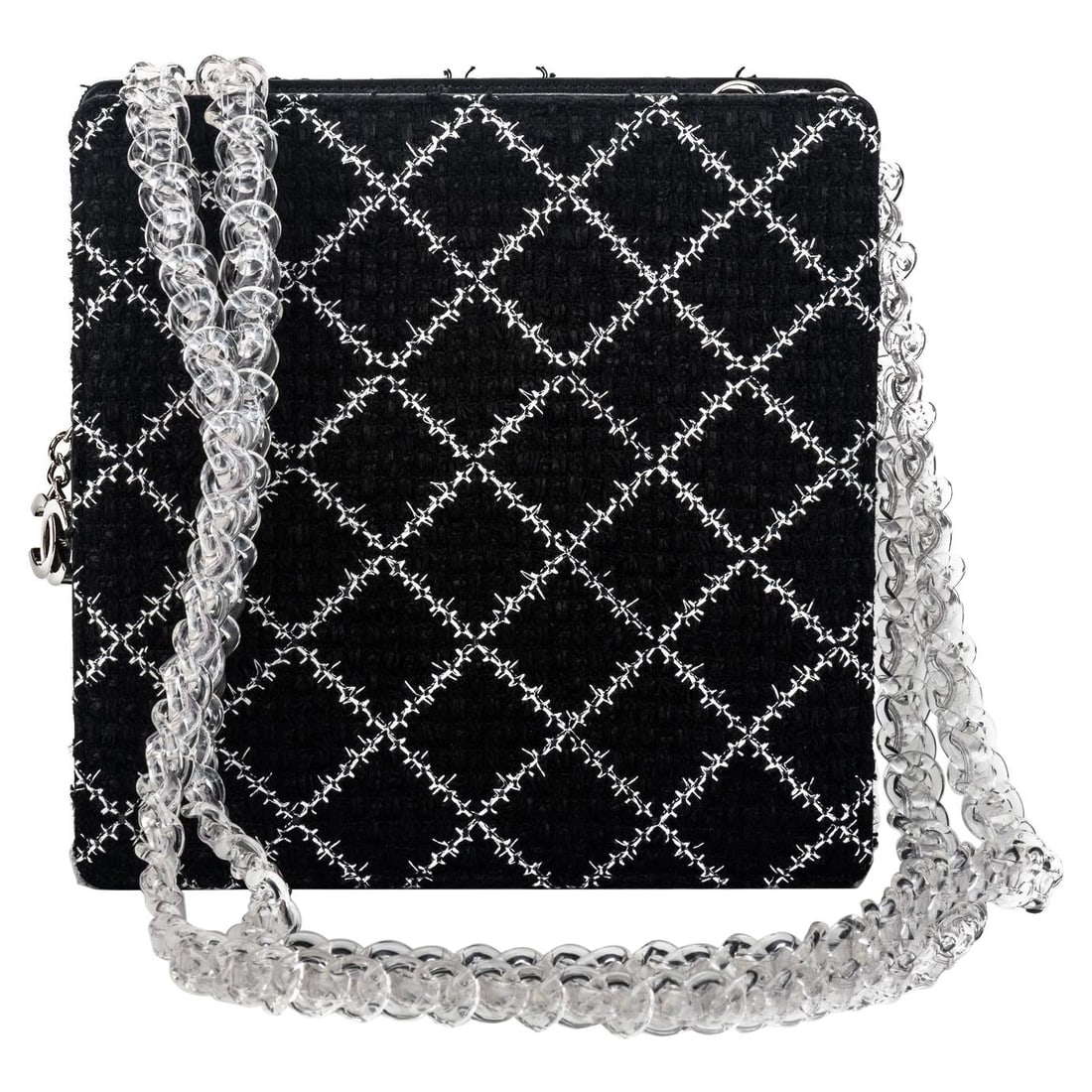 Chanel 2017 Black Tweed Shoulder Bag with Lucite Straps and Dust Cover: Chanel 2017 Black Tweed Shoulder Bag with Lucite Straps and Dust Cover This rare and collectible Chanel shoulder bag from the 2017 collection features black tweed and clear lucite straps. The bag incl