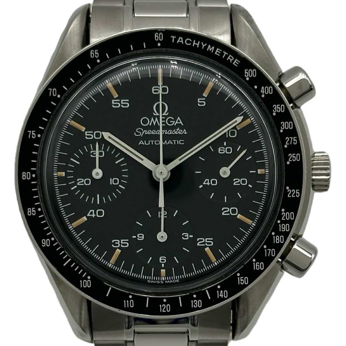 OMEGA Speedmaster 3510.50 stainless steel chronograph wristwatch black dial: OMEGA Speedmaster 3510.50 stainless steel chronograph wristwatch black dial This OMEGA Speedmaster Automatic wristwatch, model 3510.50, features a black dial and a stainless steel case and bracelet. D