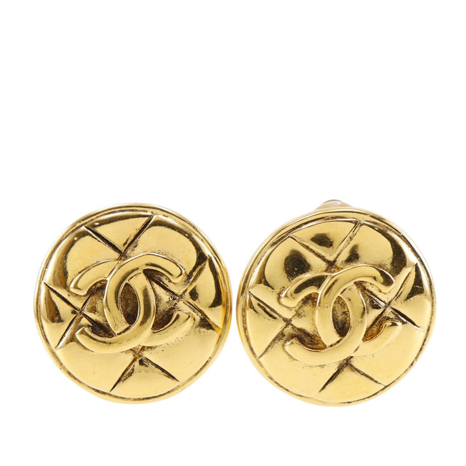 Chanel CC quilted round gold tone clip on earrings (1 of 8)