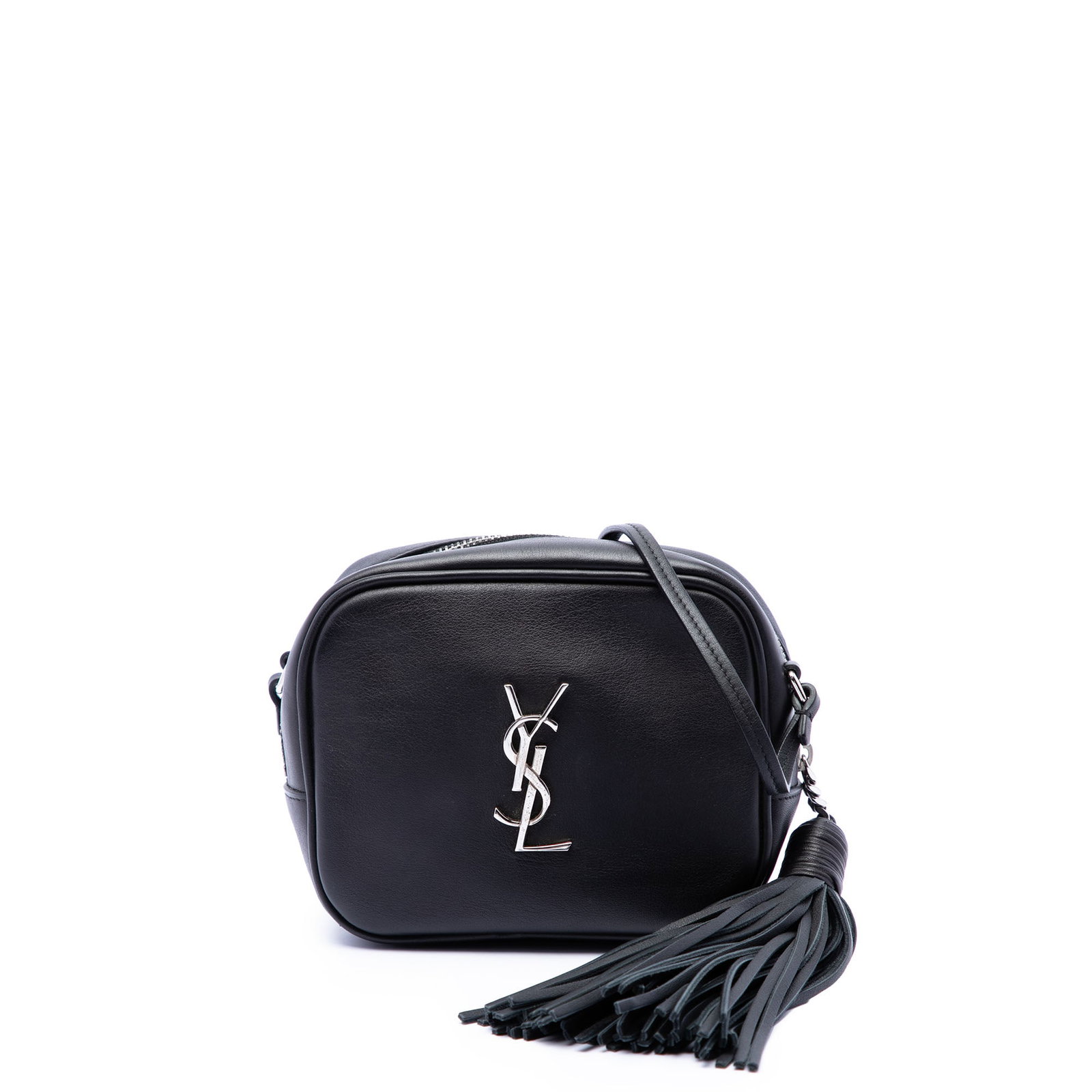 Saint Laurent Blogger Monogram Calfskin Crossbody Bag Black: Saint Laurent Blogger Monogram Calfskin Crossbody Bag Black Saint Laurent Calfskin Monogram Blogger Bag in black leather with a crossbody design. This bag features a flat shoulder strap, tassel detail