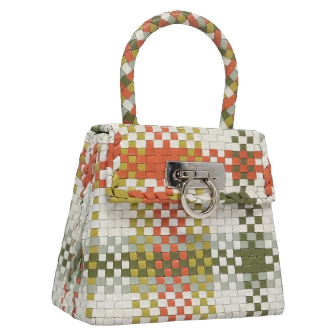 Salvatore Ferragamo Gancini Leather Hand Bag Multicolor with Dust Bag: Salvatore Ferragamo Gancini Leather Hand Bag Multicolor with Dust Bag Salvatore Ferragamo Gancini handbag in multicolor leather. Made in Italy, this women's handbag includes a dust bag. Condition is A