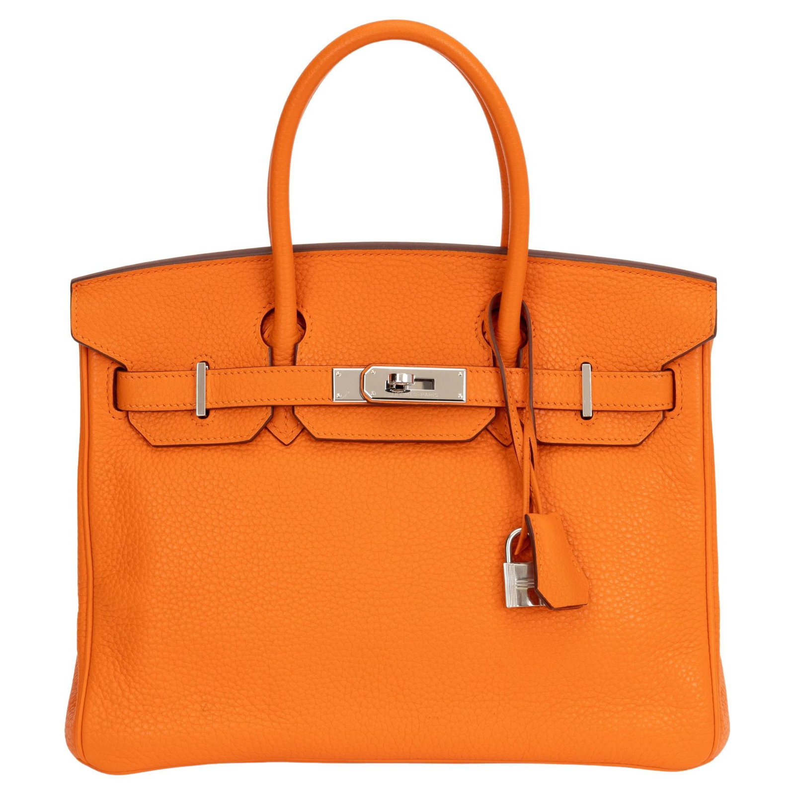 Hermes Birkin 30 Orange Clemence Leather with Palladium Hardware: Hermes Birkin 30 Orange Clemence Leather with Palladium Hardware The iconic Hermes Birkin 30 bag is crafted from exquisite orange taurillon clemence leather, offering a luxurious and timeless appeal. 
