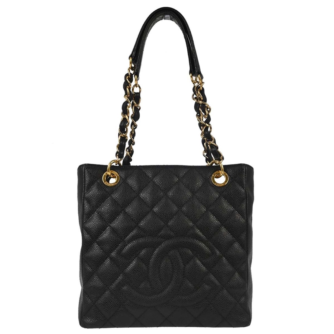 CHANEL Petite Shopping Tote black caviar leather chain strap bag: CHANEL Petite Shopping Tote black caviar leather chain strap bag Chanel Petite Shopping Tote PST chain handbag in black caviar skin leather with a quilted exterior and magnetic closure. This medium to