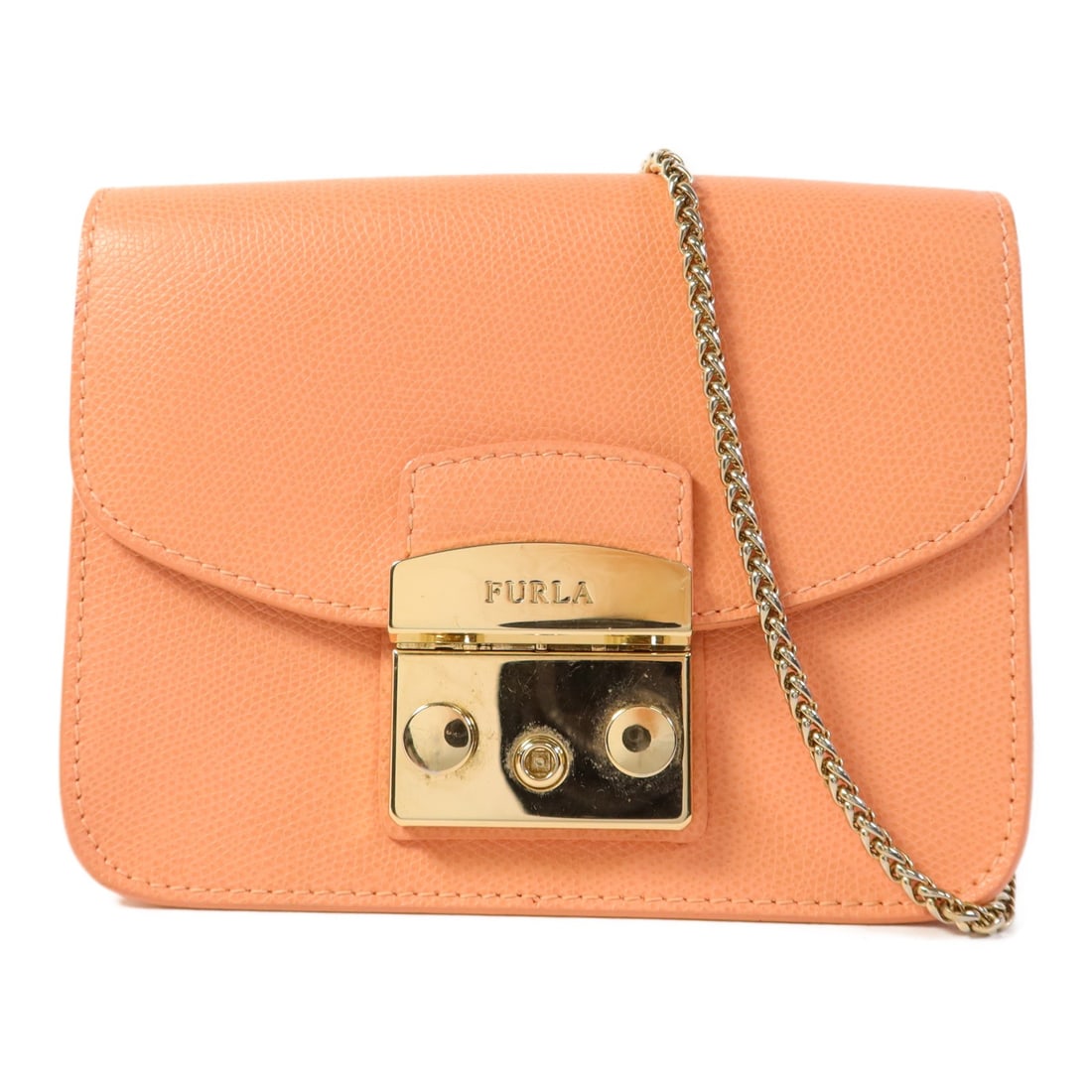 Furla Orange Calfskin Chain Shoulder Bag: Furla Orange Calfskin Chain Shoulder Bag This Furla shoulder bag features a vibrant orange calfskin leather exterior and is designed with gold-tone chain hardware. Made in Italy, it offers a compact y