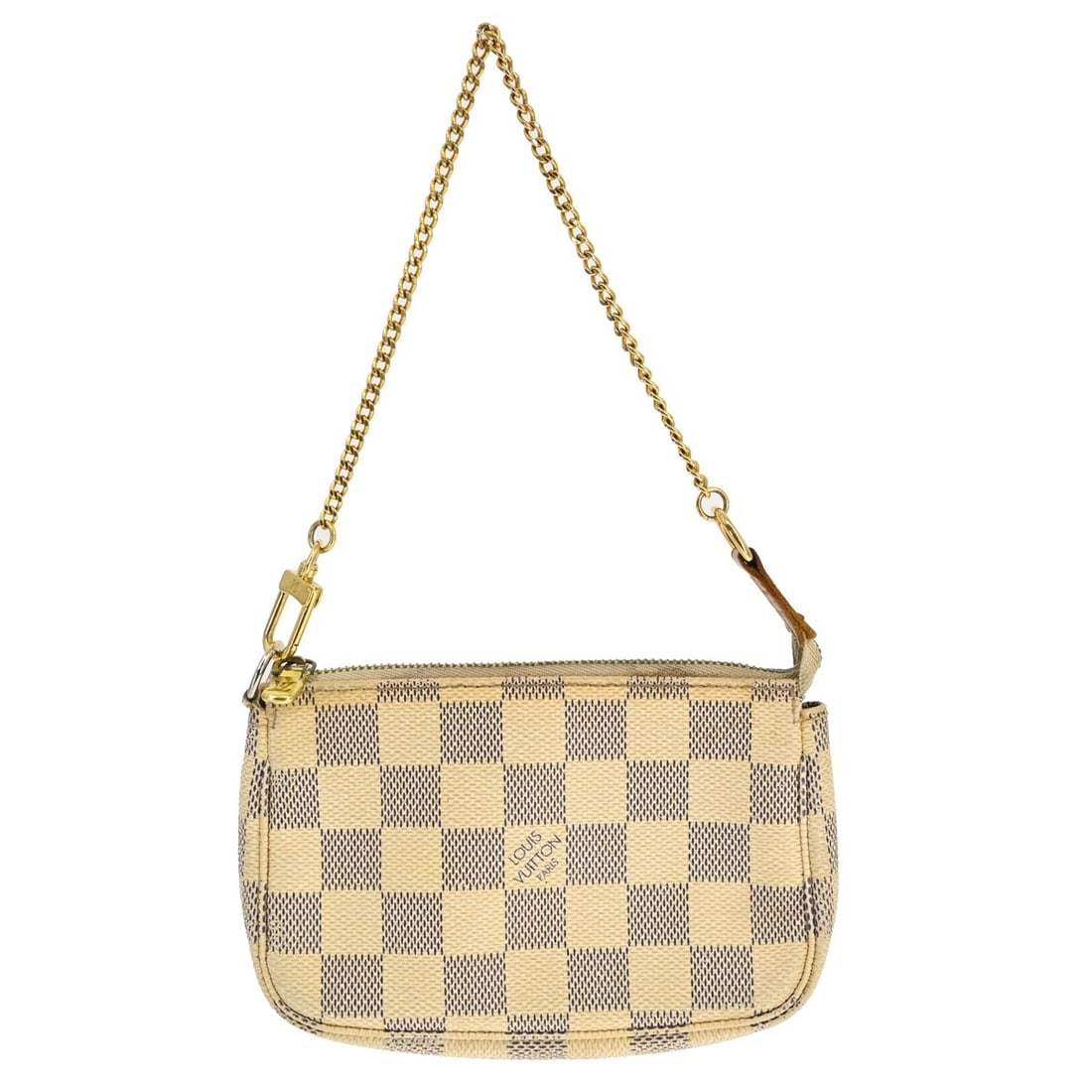 Louis Vuitton Mini Pochette Accessoires Damier Azur Canvas Pouch FL0057: Louis Vuitton Mini Pochette Accessoires Damier Azur Canvas Pouch FL0057 Vintage Louis Vuitton Mini Pochette Accessoires in Damier Azur canvas with leather trim and a chain strap. This zip-top pouch is