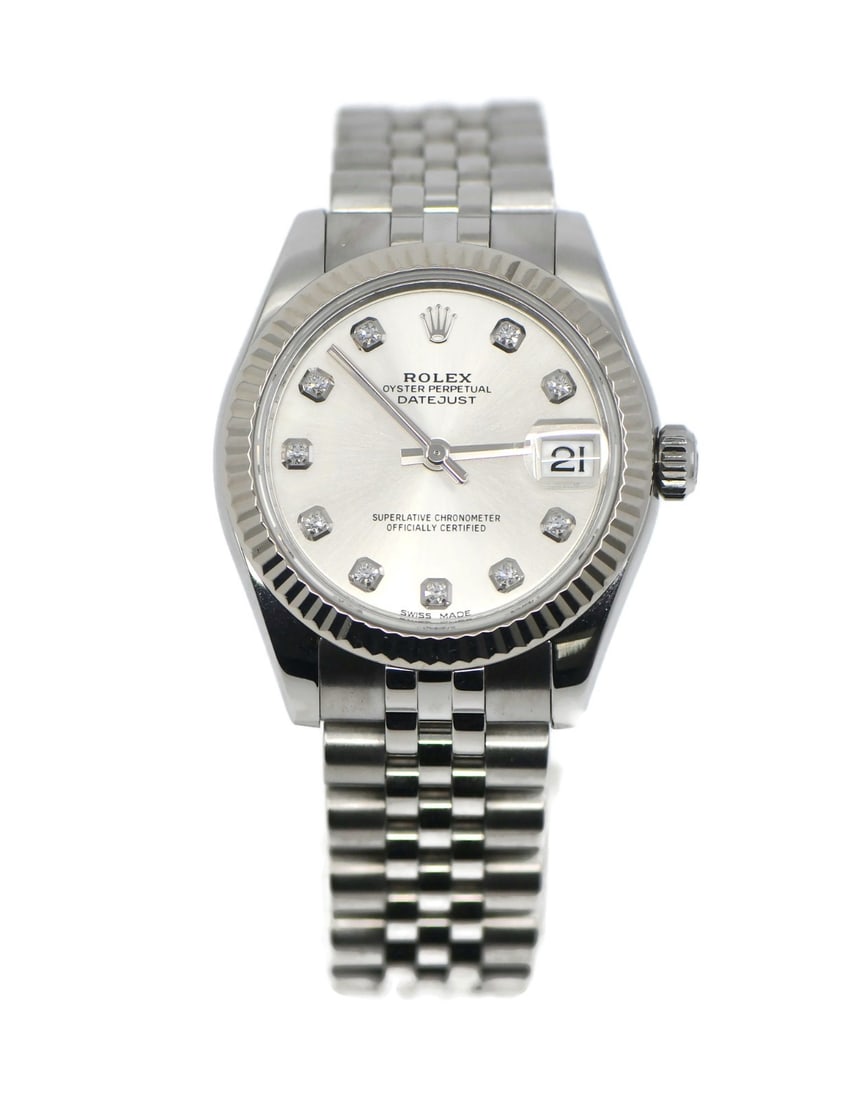 Rolex Datejust 31mm Diamond Marker Automatic Wristwatch: Rolex Datejust 31mm Diamond Marker Automatic Wristwatch This Rolex Datejust 31 is a luxury women's wristwatch featuring a 31mm polished stainless steel case and a diamond-set bezel. The watch showcase