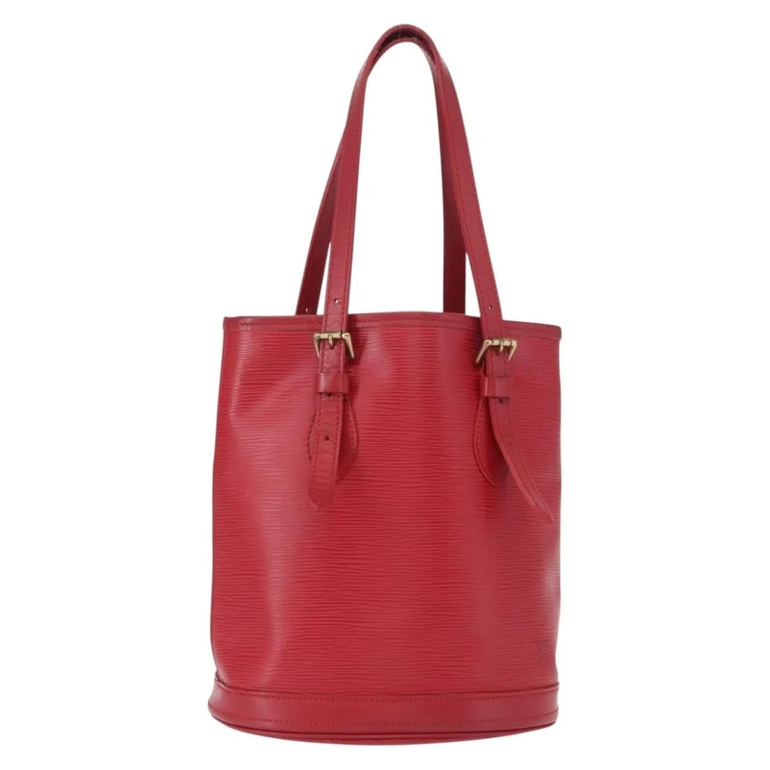 Red Louis Vuitton Epi Leather Bucket Purse 23cm by 26cm by 16cm: Red Louis Vuitton Epi Leather Bucket Purse 23cm by 26cm by 16cm This pre-owned Louis Vuitton bucket bag is crafted from red Epi leather, designed for women. It features a spacious interior with pocket