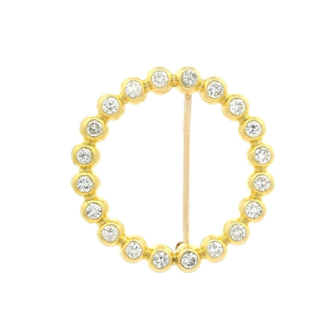 Bezel Set 0.50ct Diamond Circle Brooch in Yellow Gold: Bezel Set 0.50ct Diamond Circle Brooch in Yellow Gold This exquisite brooch features a stunning circular wreath design crafted from solid yellow gold. It is adorned with 20 natural round brilliant cut