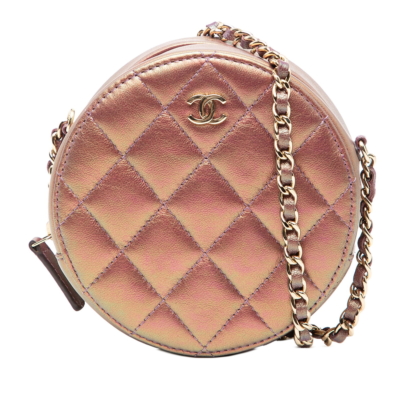 Chanel round quilted iridescent lambskin crossbody clutch with chain: Chanel round quilted iridescent lambskin crossbody clutch with chain This Chanel Quilted Iridescent Lambskin Round Clutch With Chain is crafted from metallic lambskin leather in a quilted design. The 