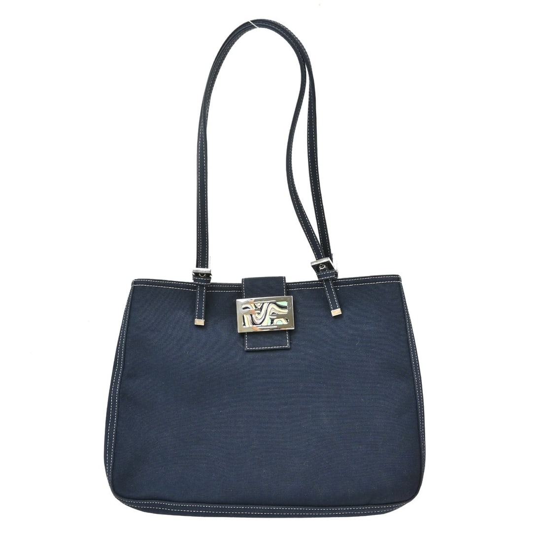 Fendi Zucca Navy Canvas Leather Tote Bag Italy 222817260N018: Fendi Zucca Navy Canvas Leather Tote Bag Italy 222817260N018 Fendi Zucca tote handbag in navy canvas with leather trim and double handles. This medium tote features a magnetic closure, gold-color hard