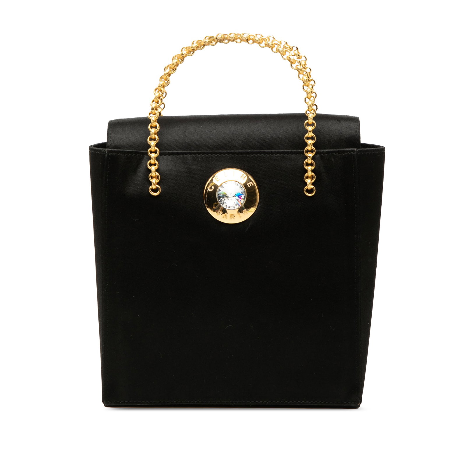 Celine Starball Top Handle Handbag in Black Satin: Celine Starball Top Handle Handbag in Black Satin Celine Satin Starball Chain Top Handle Bag in black satin with chain link metal handles, a fold-in flap closure, and an interior slip pocket. Made in 